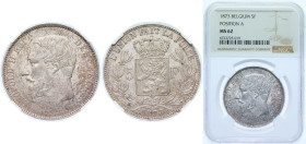 Belgium Kingdom 1873 5 Francs - Léopold II (small head) Silver (.900) Brussels Mint (22340959) 25g NGC MS 62 KM 24 LA BFM-127