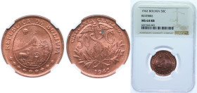 Bolivia Republic 1942 50 Centavos Brass Potosi Mint (10000000) 5.1g NGC MS 64 RB KM 182a Schön 13