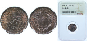 Bolivia Republic 1951 1 Boliviano Bronze Heaton and Sons / The Mint Birmingham Limited (10000000) 3g NGC MS 64 BN KM 184 Schön 14