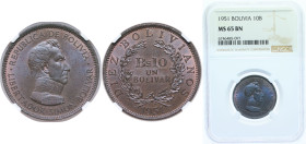 Bolivia Republic 1951 10 Bolivianos / 1 Bolivar Bronze Royal Mint (Tower Hill) (40000000) 6.9g NGC MS65 Top Pop KM 186 Schön 16