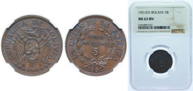 Bolivia Republic 1951 KN 5 Bolivianos Bronze Kings Norton Metal Company Mint (15000000) 5.14g NGC MS 63 BN KM 185 Schön 15