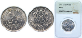 Bolivia Republic 1939 50 Centavos Copper-nickel Huguenin Mint 8.45g NGC MS 64 KM 182 Schön C9