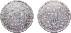 Bulgaria Principalty 1885 5 Leva - Aleksandr I Silver (.900) Saint Petersburg Mint (1426000) 24.8g VF KM 7