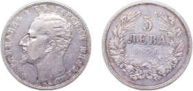 Bulgaria Principalty 1894 КБ 5 Leva - Ferdinand I (Type 2 legend) Silver (.900) Kremnica Mint (1800000) 24.8g VF KM 18