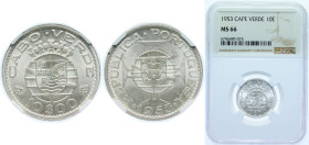 Cape Verde Portuguese Overseas Province 1953 10 Escudos Silver (.720) Lisbon Mint (400000) 5g NGC MS 66 KM 10 Gomes CV 12.01