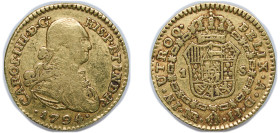 Colombia Spanish colony 1794 NR JJ 1 Escudo - Carlos IV Gold (.875) Bogota Mint 3.4g VF KM 56.1 Hernández 687-689 Fr 59 Fr 65 KM 56.2