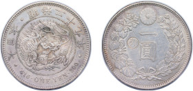 Japan Empire M29 (1896) 九十二治明 1 Yen - Meiji (small type - "Gin" countermarked left) Silver (.900) 26.96g AU Y 28a.2 JNDA 01-10C