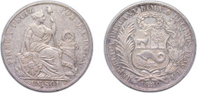 Peru Republic 1889 TF 1 Sol Silver (.900) (Copper .100) Lima Mint (2842000) 24.9g VF KM 196.24