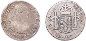 Peru Spanish colony 1801 LIMAE IJ 2 Reales - Carlos IV Silver (.896) Lima Mint 6.7g VF KM 95