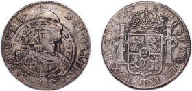 Peru Spanish colony 1808 LIMAE JP 8 Reales - Carlos IV (Numeral IIII) Chinese Ink Chopmarked Silver (.896) Lima Mint (4017000) 27g XF KM 97