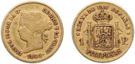 Philippines Spanish colony 1864 1 Peso - Isabella II Gold (.875) Manila Mint (274000) 1.68g VF KM 142