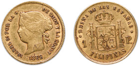 Philippines Spanish colony 1868 1 Peso - Isabella II Gold (.875) Manila Mint (28000) 1.7g XF KM 142