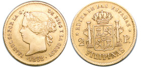 Philippines Spanish colony 1868 2 Pesos - Isabella II Gold (.875) Manila Mint (48000) 3.4g VF KM 143