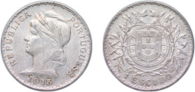 Portugal First Republic 1915 1 Escudo Silver (.835) Lisbon Mint (1818000) 24.9g AU KM 564 Gomes R 23