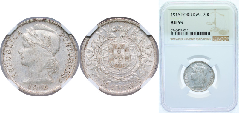 Portugal First Republic 1916 20 Centavos Silver (.835) Lisbon Mint (706000) 5g N...