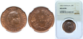 Portugal Kingdom 1892 20 Réis - Carlos I Bronze Lisbon Mint (15411000) 12g NGC MS 63 BN Top Pop KM 533 Gomes C1 03