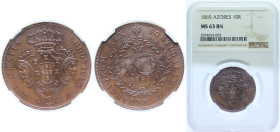 Portugal Azores Kingdom 1865 10 Réis - Luiz I Copper (350000) 6.29g NGC MS 63 BN KM 14 Gomes L1 02