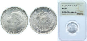 Portugal Kingdom 1909 200 Réis - Manuel II Silver (.835) Lisbon Mint (7656000) 5g NGC MS 64 KM 549 Gomes E2 03,01