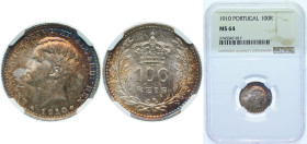 Portugal Kingdom 1910 100 Réis - Manuel II Silver (.835) Lisbon Mint 2.5g NGC MS 64 KM 548 Gomes E2 02