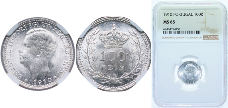 Portugal Kingdom 1910 100 Réis - Manuel II Silver (.835) Lisbon Mint 2.5g NGC MS...