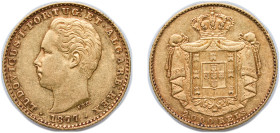 Portugal Kingdom 1877 2000 Reis - Luiz I Gold (.9167) Lisbon Mint (2250) 3.6g AU KM 518 Gomes L1 14