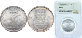 Portugal Second Republic 1955 10 Escudos Silver (.680) Lisbon Mint (4055650) 12.5g NGC MS 66 KM 586 Gomes R 44