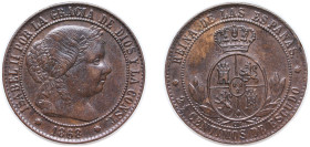 Spain Kingdom 1868 OM 2½ Centimos de Escudo - Isabel II Bronze Barcelona Mint 6.3g AU KM 634.1