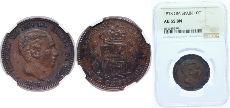 Spain Kingdom 1878 OM 10 Centimos - Alfonso XII Bronze Barcelona Mint (68740000)...