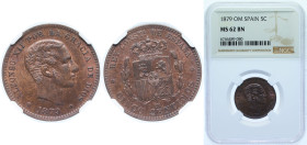 Spain Kingdom 1879 OM 5 Centimos - Alfonso XII Bronze Barcelona Mint (54994000) 5g NGC MS 62 BN KM 674