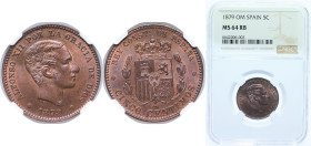 Spain Kingdom 1879 OM 5 Centimos - Alfonso XII Bronze Barcelona Mint (54994000) 5g NGC MS 64 RB KM 674