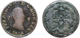 Spain Kingdom 1814 J 8 Maravedis - Fernando VII (1st portrait) Copper Jubia Mint 8.5g VF KM 461