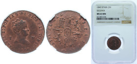 Spain Kingdom 1840 2 Maravedis - Isabel II Copper Segovia Mint 2.5g NGC MS 63 BN KM 532.4