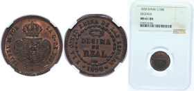 Spain Kingdom 1850 ½ Real - Isabel II (Decima de Real) Copper Segovia Mint 20g NGC MS 61 BN KM 591.3