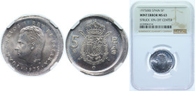 Spain Kingdom 1975 *80 5 Pesetas - Juan Carlos I Copper-nickel Madrid Mint (322000000) 5.75g MINT ERROR NGC MS 63 Struck 10% off center KM 807