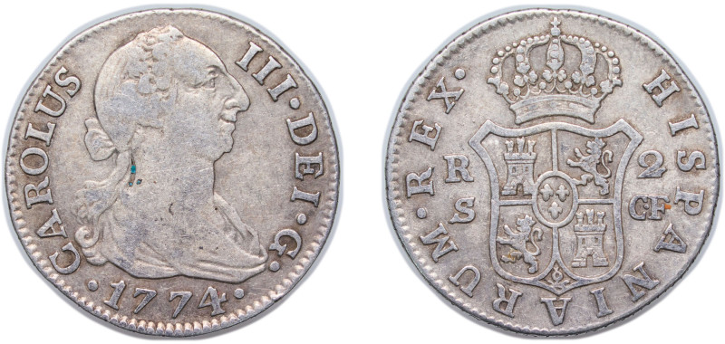 Spain Kingdom 1774 S CF 2 Reales - Carlos III (2nd type) Silver (.813) Seville M...