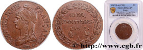 DIRECTOIRE
Type : Cinq centimes Dupré, grand module 
Date : An 7/5 (1798-1799) 
Mint name / Town : Paris 
Quantity minted : --- 
Metal : copper 
Diame...