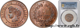 III REPUBLIC
Type : 5 centimes Cérès 
Date : 1885 
Mint name / Town : Paris 
Quantity minted : 2000000 
Metal : bronze 
Diameter : 25  mm
Orientation ...
