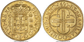 Pedro II gold 4000 Reis 1697-(B) AU (Cleaned), Bahia mint, KM89, LMB-25. 7.8gm. A more challenging early type bringing strong premiums in AU condition...