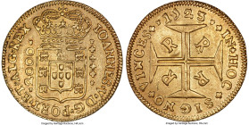 João V gold 2000 Reis 1723/2-R AU (Scratch), Rio de Janeiro mint, KM112, LMB-156. 5.3gm. The first year and key-date of this short lived issue, the ov...
