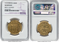 João V gold 4000 Reis 1721-R AU Details (Bent, Cleaned) NGC, Rio de Janeiro mint, KM102, LMB-173. When moved in the light, a vibrant flame toning emer...