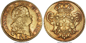 João V gold 3200 Reis 1749-R XF (Scratches), Rio de Janeiro mint, KM155, LMB-205. 7.2gm. A lesser-encountered denomination from João V's reign, contes...