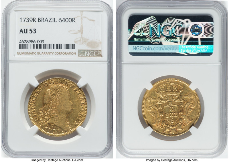 João V gold 6400 Reis (Peça) 1739-R AU53 NGC, Rio de Janeiro mint, KM149, LMB-21...