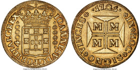 João V gold 4000 Reis 1725-M AU (Tooled), Minas Gerais mint, KM115, LMB-241. 10.0gm. A strong contender of this rare Dobrão fraction, boasting a very ...