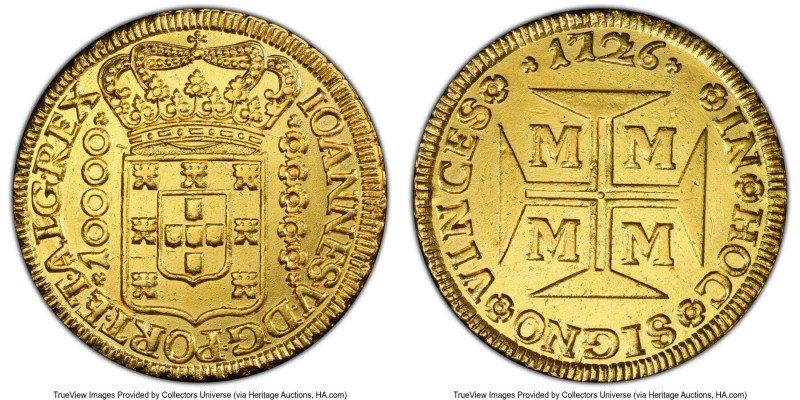 João V gold 10000 Reis 1726-M AU Details (Cleaned) PCGS, Minas Gerais mint, KM11...