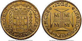 João V gold 20000 Reis (Dobrão) 1725-M MS62 NGC, Minas Gerais mint, KM117, LMB-249. Struck in the province of Vila Rica during the peak of the Brazili...