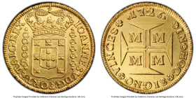 João V gold 20000 Reis (Dobrão) 1726-M AU Details (Cleaned) PCGS, Minas Gerais mint, KM117, LMB-250. A visually superior issue that displays very well...