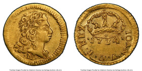 João V gold 400 Reis (Cruzadinho) 1734-M AU55 PCGS, Minas Gerais mint, KM145, LMB-255. A small gold issue with folksy design motifs, offered here with...
