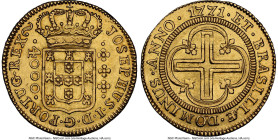 José I gold 4000 Reis 1771-(L) AU55 NGC, Lisbon mint, KM171.3, LMB-332. Fourth Type. Large Crown "Dominus" variety. A lovely offering with golden hues...