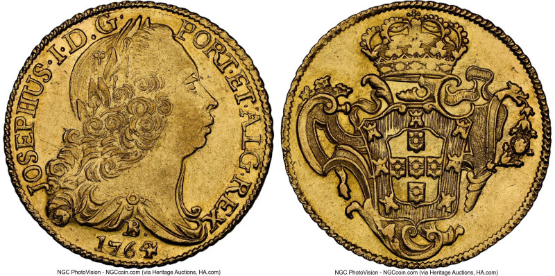 José I gold 6400 Reis (Peça) 1764-B AU58 NGC, Bahia mint, KM172.1, LMB-394. Love...