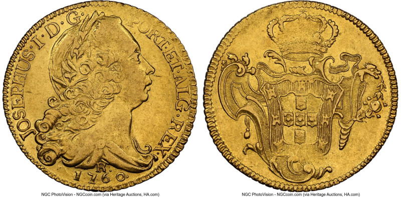 José I gold 6400 Reis (Peça) 1760-R AU53 NGC, Rio de Janeiro mint, KM172.2, LMB-...